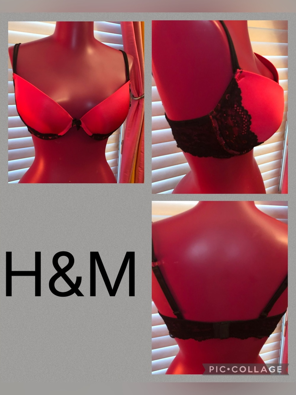 Pink and black lace trim  - H&m Push Up Bra 36C
